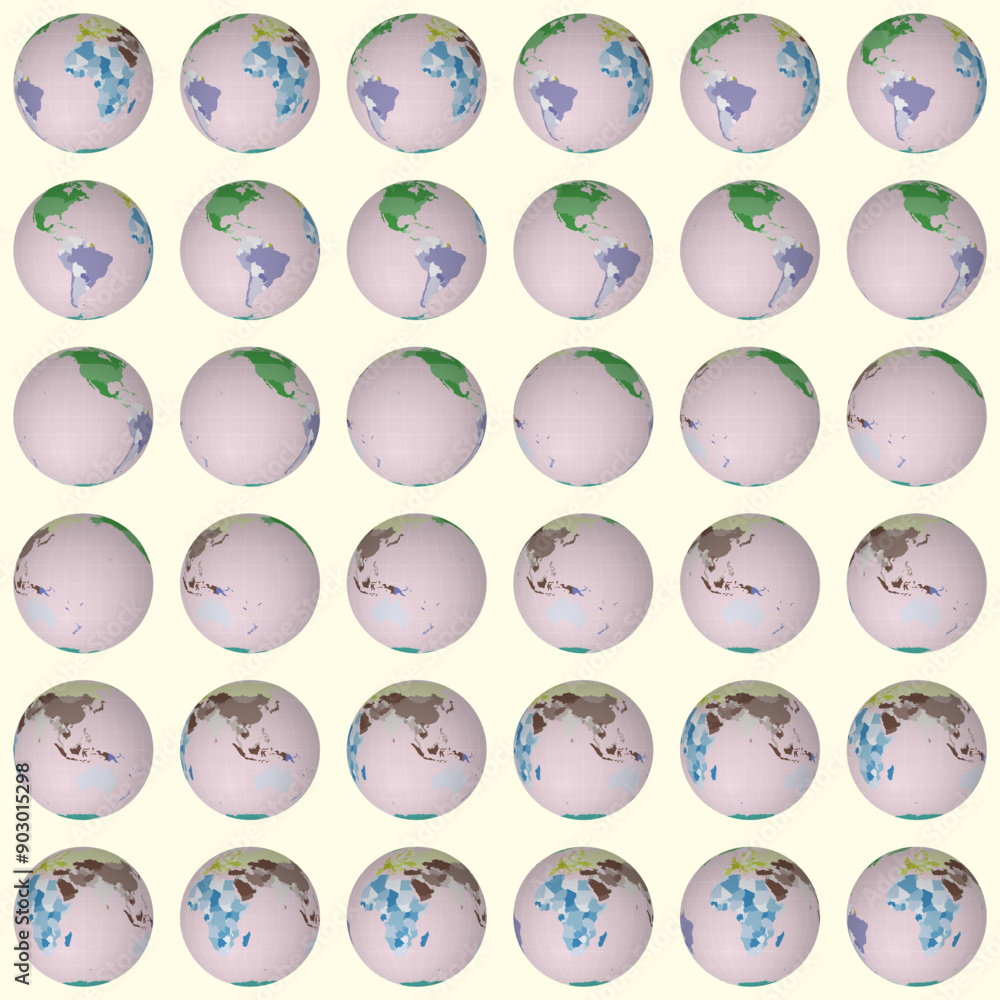 Collection of earth globes. Normal sphere view. Rotation step 10 degrees. Colored countries style. World map with sparse graticule lines on pastel background. Adorable vector illustration. Collection of earth globes. Normal sphere view. Rotation step 10 degrees. Colored countries style. World map with sparse graticule lines on pastel background. Adorable vector illustration.