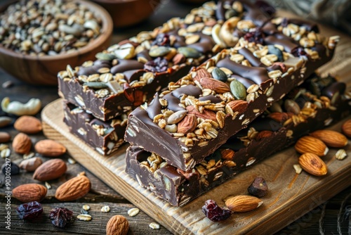 Healthy Muesli bars with nuts,seeds and black chocolate on wooden table