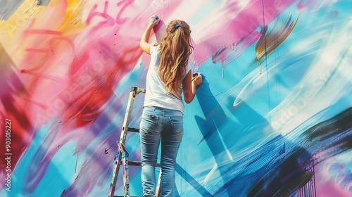 Female street artist painting colorful graffiti standing on a ladder Modern art urban concept : Generative AI photo