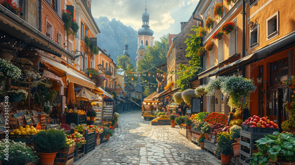 Fototapeta premium A bustling market street in an old European town