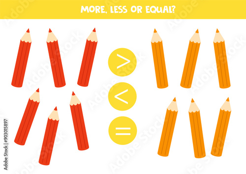 More, less, equal with cartoon coloured pencils. Math game for kids.