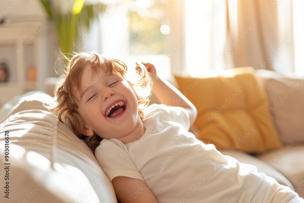 Kid laughing happily at home on sofa relax blurred bright apartment background Kid laughing happily at home on sofa relax blurred bright apartment background