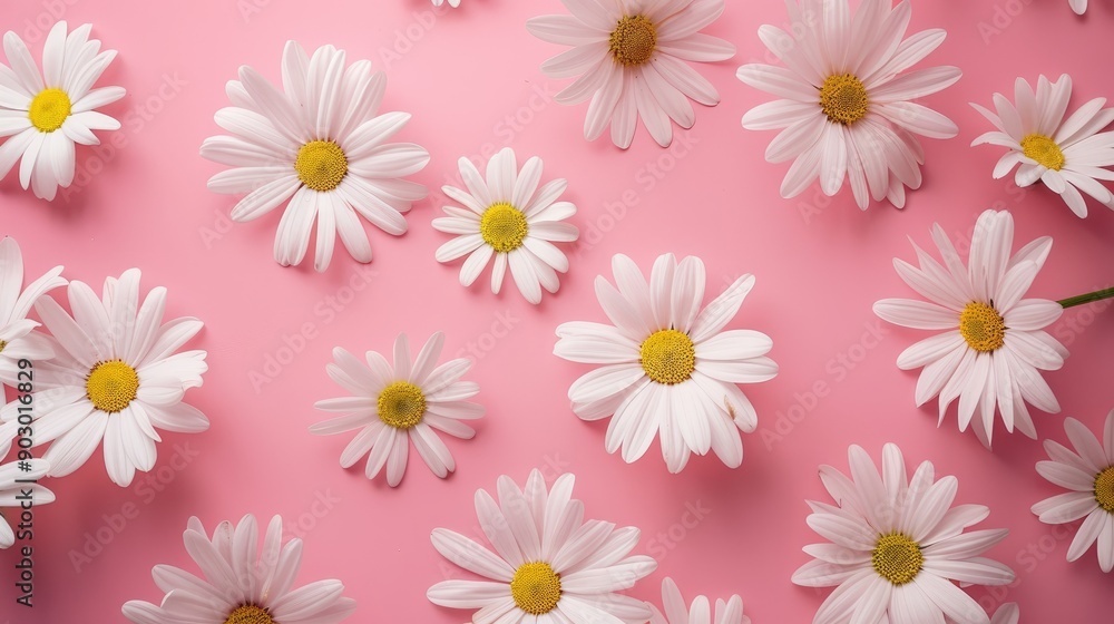 Daisies from above on pink backdrop with space for text Daisies from above on pink backdrop with space for text
