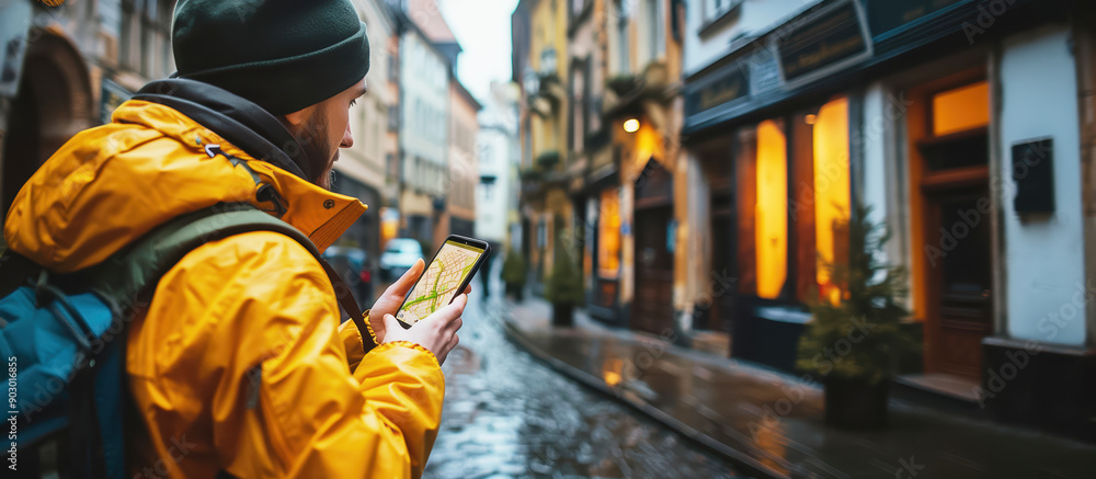Traveler with backpack exploring charming city street on a rainy day, using a smartphone for navigation, wearing a yellow raincoat. Traveler with backpack exploring charming city street on a rainy day, using a smartphone for navigation, wearing a yellow raincoat.