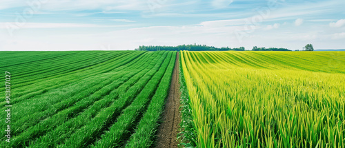 Vibrant green and yellow fields separated by a dirt path under a blue sky, illustrating agricultural contrast in a countryside landscape. photo