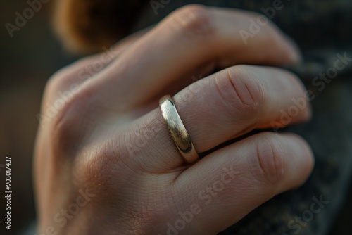 Closeup of a wedding ring on a finger, symbolizing love and unity