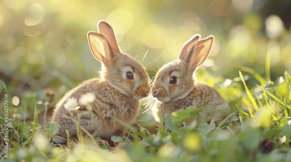 A pair of baby bunnies playing in the morning sun A pair of baby bunnies playing in the morning sun