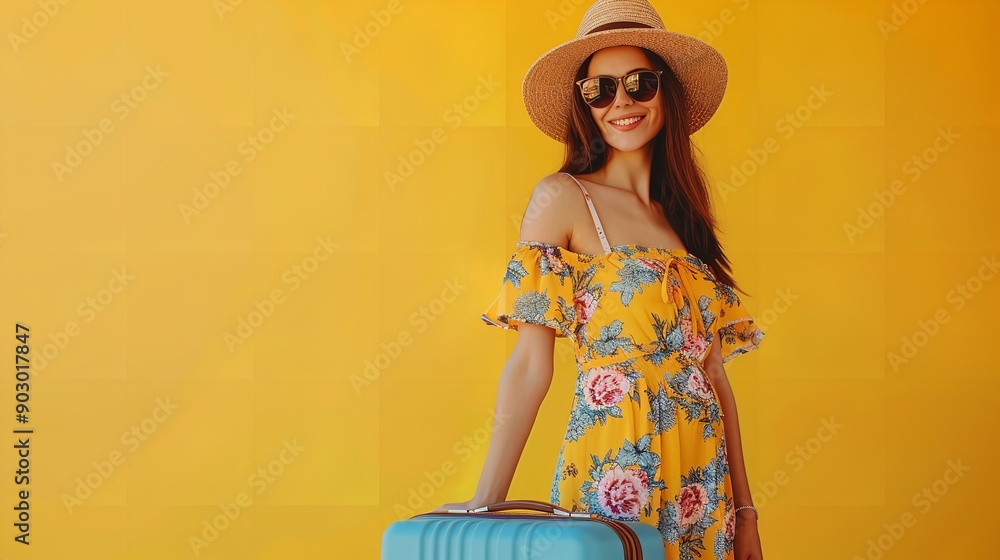 Fototapeta premium isolated over a colored background with text space, a cheerful woman wearing a summer dress, sunglasses, and a straw hat while carrying a luggage. Idea of a summer vacation, Generative AI.