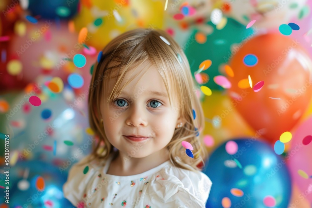 Little girl with balloons and confetti in a birthday party Little girl with balloons and confetti in a birthday party