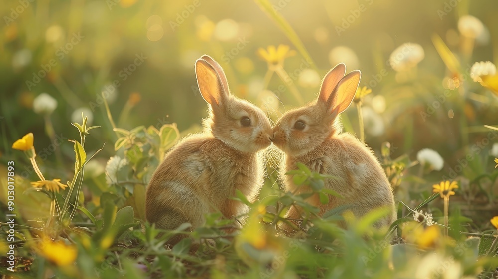 A pair of baby bunnies playing in the morning sun A pair of baby bunnies playing in the morning sun
