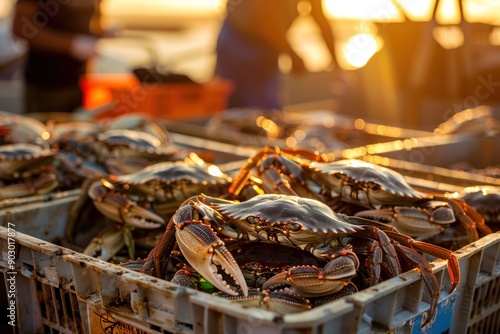 Lively Crab Market with Fishermen at Sunrise in the United States. Fresh Catch