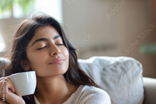 Peaceful young indian lady sitting on couch with closed eyes, enjoy drinking coffee, enjoying morning with warm drink in living room, copy space, Generative AI photo