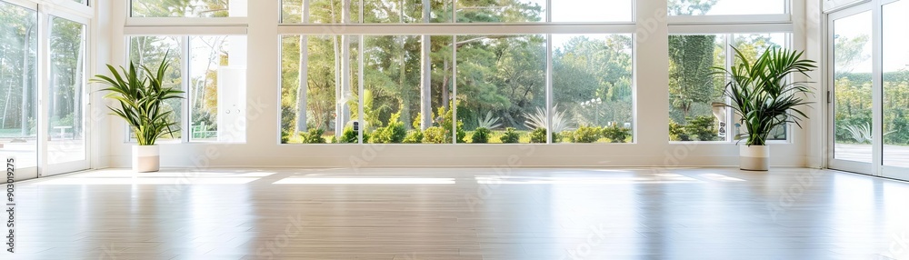 Fototapeta premium Yoga studio with large windows and natural light, Meditation and Yoga, Inviting and serene environment