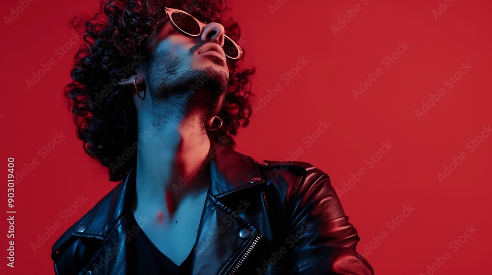 Portrait of fashion man with curly hair on red background with stylish glasses multinational colored light black leather jacket trend modern concept sexy body : Generative AI Portrait of fashion man with curly hair on red background with stylish glasses multinational colored light black leather jacket trend modern concept sexy body : Generative AI
