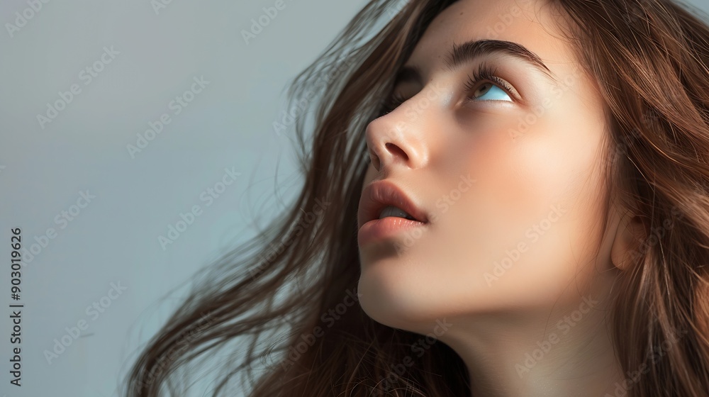 Beauty fashion makeup concept Beautiful woman with brown long hairs closeup portrait looking up in grey studio background with copy space Eyes is in camera focus Soft gray color filter : Generative AI Beauty fashion makeup concept Beautiful woman with brown long hairs closeup portrait looking up in grey studio background with copy space Eyes is in camera focus Soft gray color filter : Generative AI