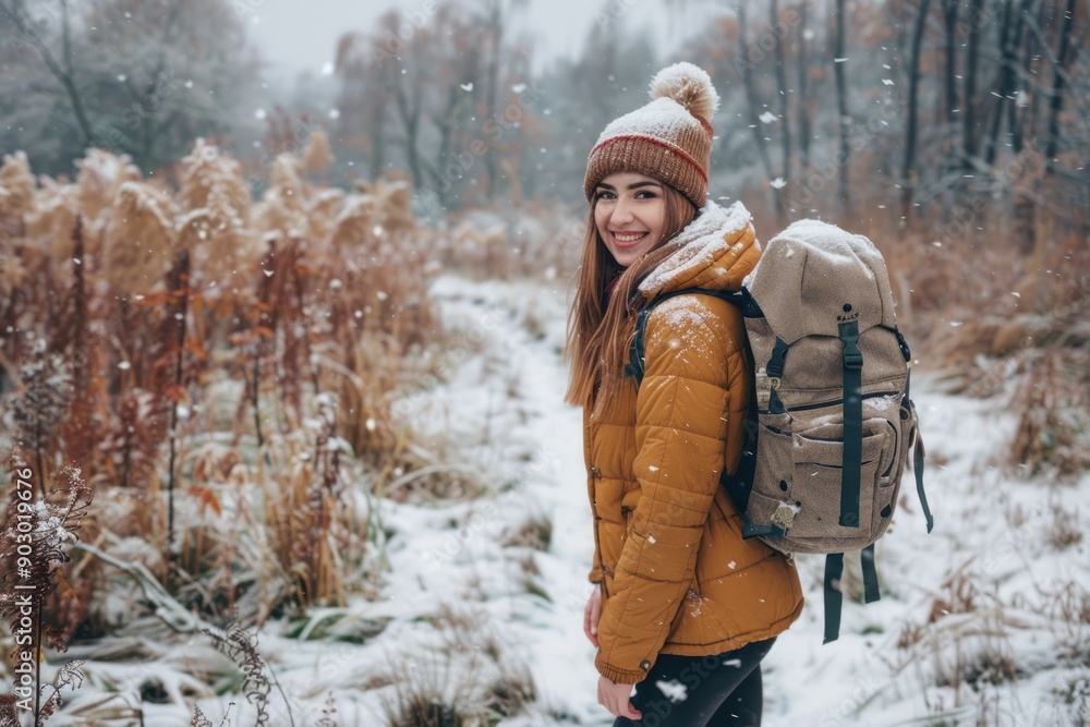 Fototapeta premium man taking a walk in nature in winter. Happy young female exploring nature