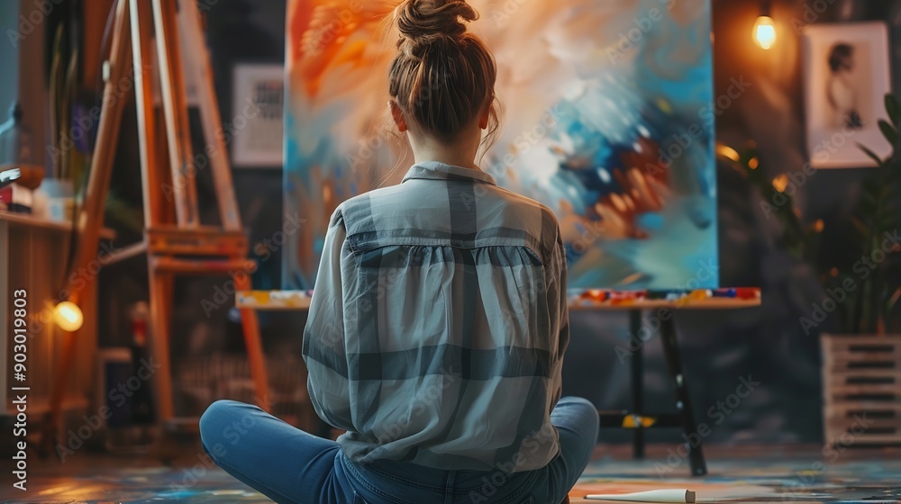 Back view of talented concentrated Caucasian woman professional artist sitting on floor in studio in evening painting drawing on big canvas creativity work contemporary creative painte : Generative AI Back view of talented concentrated Caucasian woman professional artist sitting on floor in studio in evening painting drawing on big canvas creativity work contemporary creative painte : Generative AI