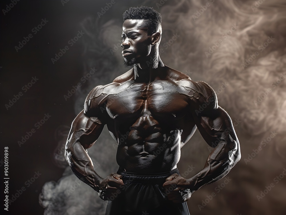 Fototapeta premium Muscular Bodybuilder Flexing in Dramatic Smoke Filled Studio