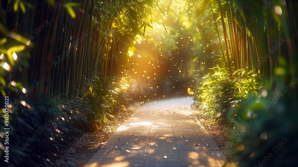 Tranquil Paths through Bamboo Groves during the golden hour with warm lighting Tranquil Paths through Bamboo Groves during the golden hour with warm lighting