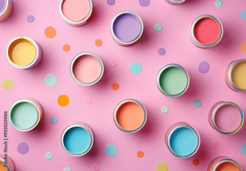 Colorful paint cans arranged on a pink background with playful polka dots for a vibrant artistic concept Colorful paint cans arranged on a pink background with playful polka dots for a vibrant artistic concept