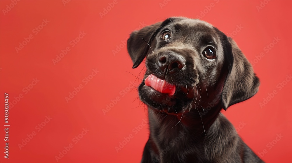 Funny portrait hungry labrador retriever puppy dog licking its lips with tongue Isolated on red solid background : Generative AI Funny portrait hungry labrador retriever puppy dog licking its lips with tongue Isolated on red solid background : Generative AI