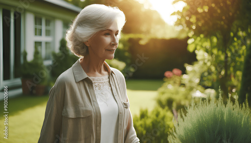 Senior white american woman walking in garden.