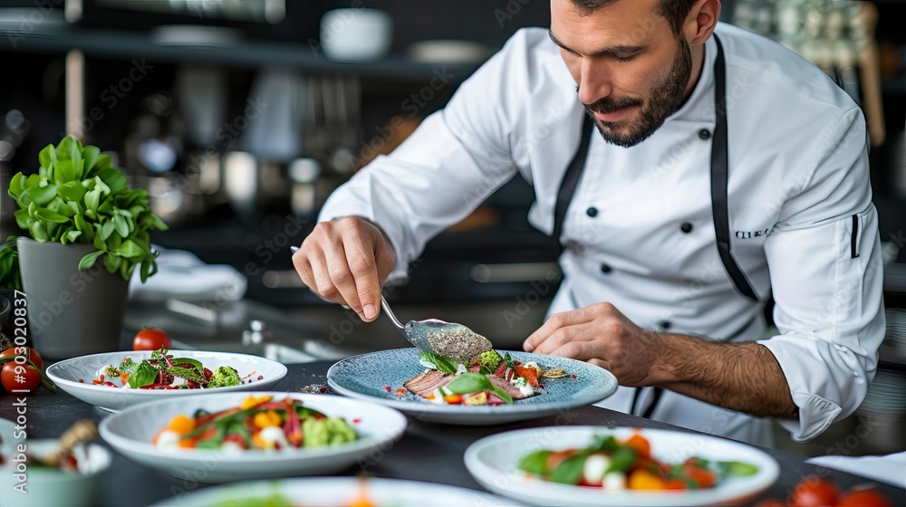 A chef garnishing a plate with fresh ingredients, showcasing culinary artistry in a professional kitchen setting. A chef garnishing a plate with fresh ingredients, showcasing culinary artistry in a professional kitchen setting.