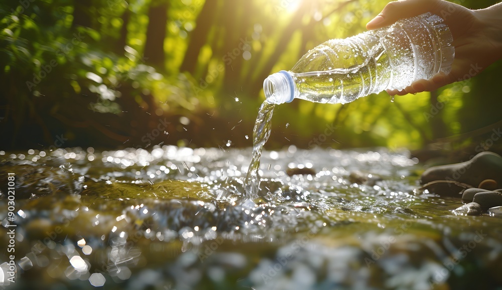 Hand pouring water from a bottle into a stream in a forest, focusing on the mouth and spout of the plastic bottle. Hand pouring water from a bottle into a stream in a forest, focusing on the mouth and spout of the plastic bottle.