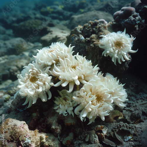 there are many white flowers growing on the rocks