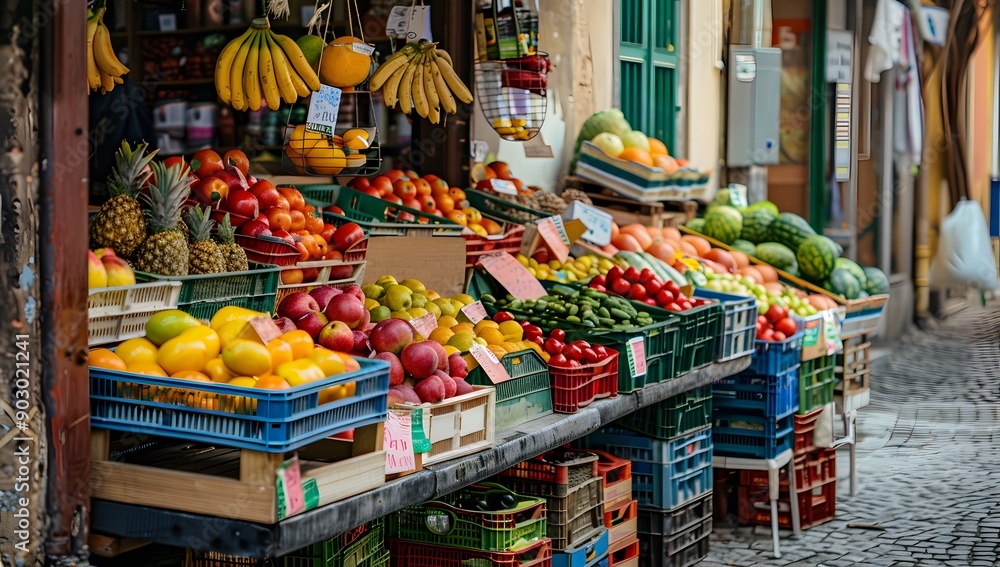 Obraz premium Fruit and vegetable stalls at the farmer's market, surrounded by colorful crates of fruits and vegetables, captured in a vibrant color photograph,