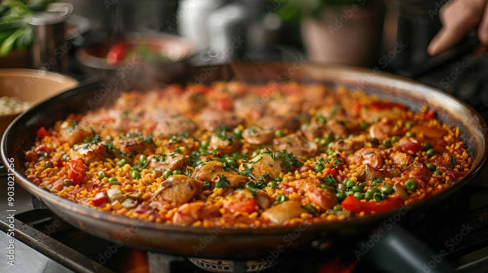 Chef cooking a paella in a large pan, Chef, communal and flavorful Chef cooking a paella in a large pan, Chef, communal and flavorful