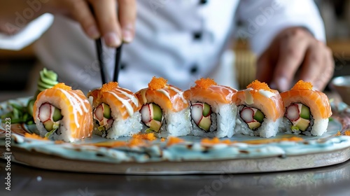 Chef arranging sushi rolls on a decorative plate, Chef, artistic and precise