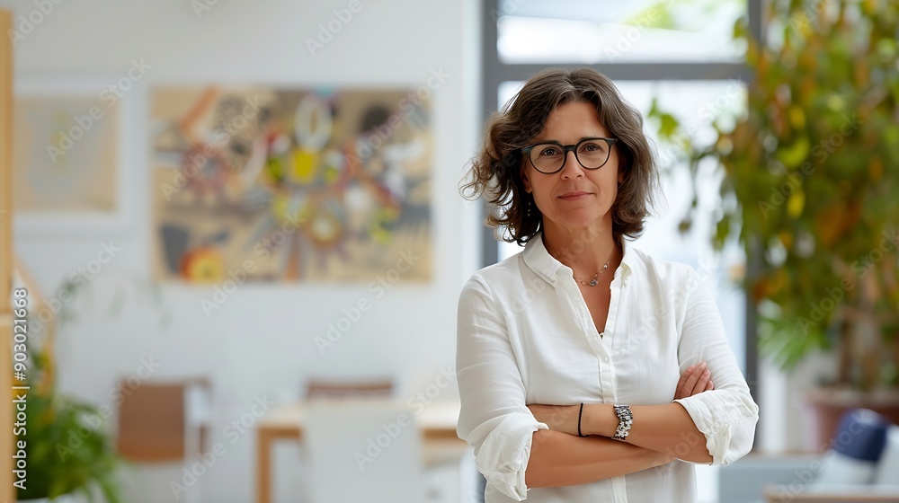 Confident mature woman with arms crossed standing in a modern office portraying professionalism and experience : Generative AI Confident mature woman with arms crossed standing in a modern office portraying professionalism and experience : Generative AI