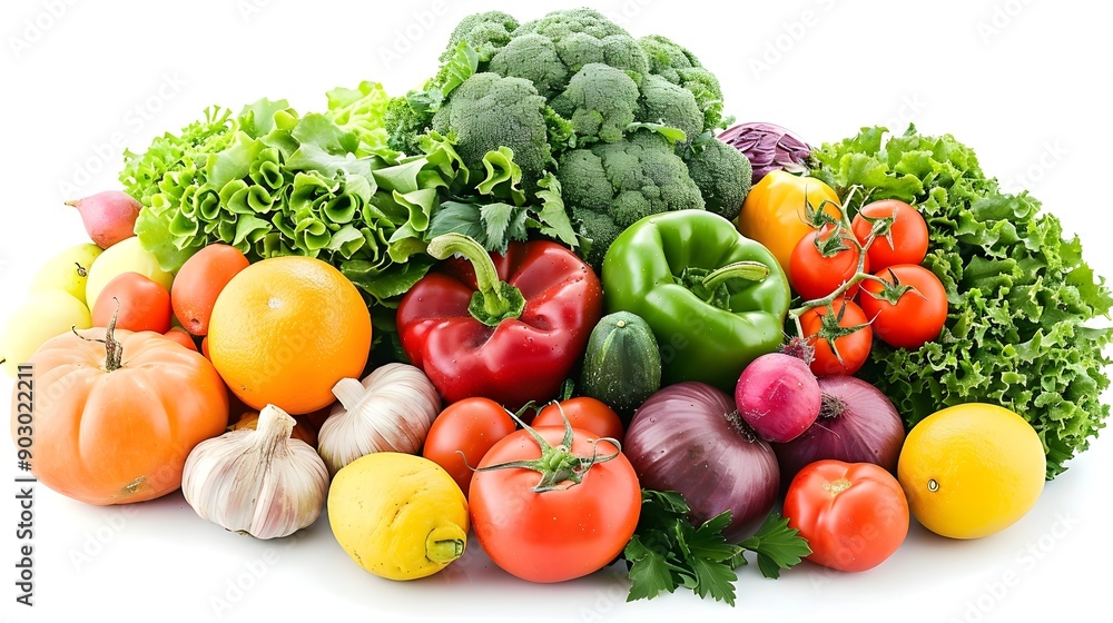 vibrant assortment of fresh vegetables and fruits on white background vibrant assortment of fresh vegetables and fruits on white background