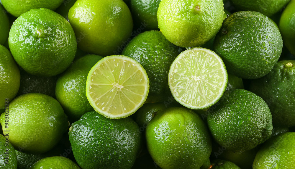 Fresh limes with water drops. Tasty and juicy citrus fruit. Close-up. Top view. Natural backdrop. Fresh limes with water drops. Tasty and juicy citrus fruit. Close-up. Top view. Natural backdrop.