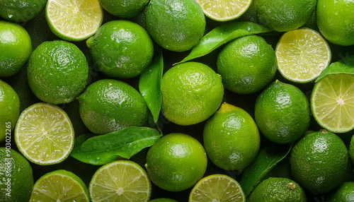 Fresh limes with water drops. Tasty and juicy citrus fruit. Close-up. Top view. Natural backdrop. © hardvicore