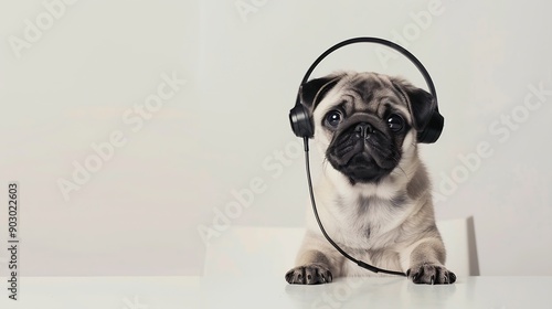 Pug puppy working in call center isolated on white background : Generative AI photo