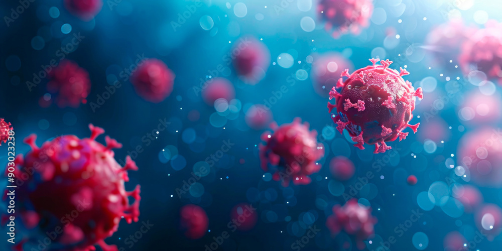 Colorful, 3D-rendered virus particles are shown in a dynamic blue background, illustrating their structure and complexity. Colorful, 3D-rendered virus particles are shown in a dynamic blue background, illustrating their structure and complexity.
