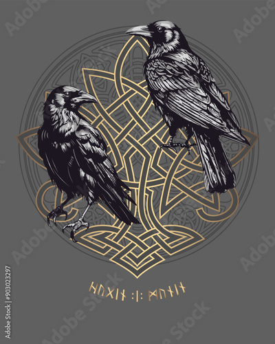 Huginn and Muninn - Odin's Ravens. Scandinavian Celtic design. Runic symbols in the Old Norse language in mean Ravens. Trixel, Celtic cross, Gungir and knots. Vector illustration of Scandinavian myths