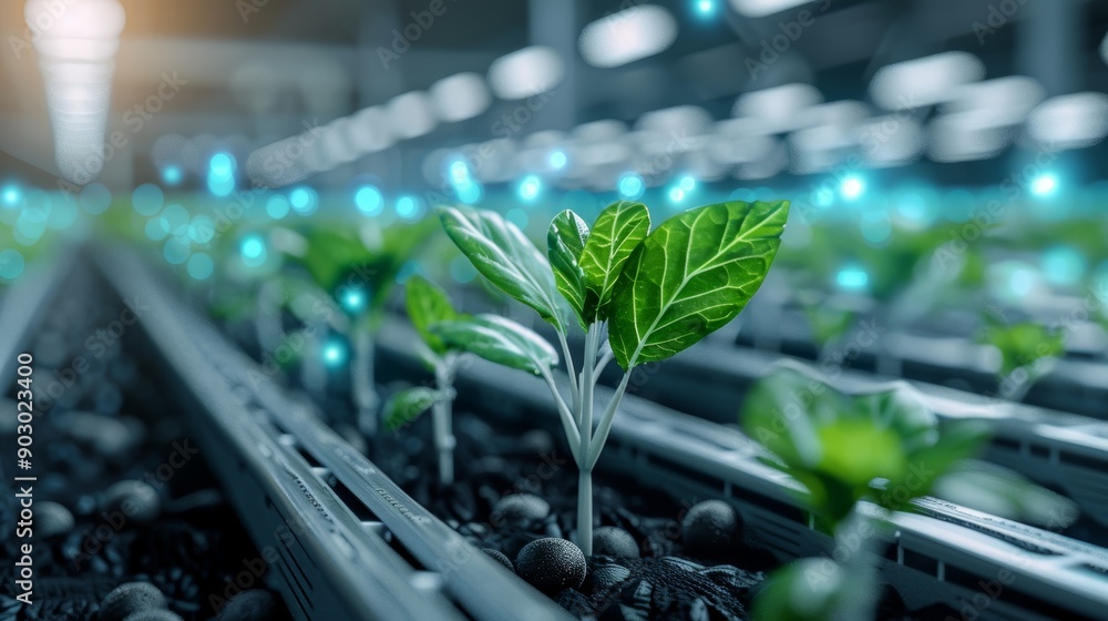 A close-up of green seedlings growing in a hydroponic system under artificial light. A close-up of green seedlings growing in a hydroponic system under artificial light.