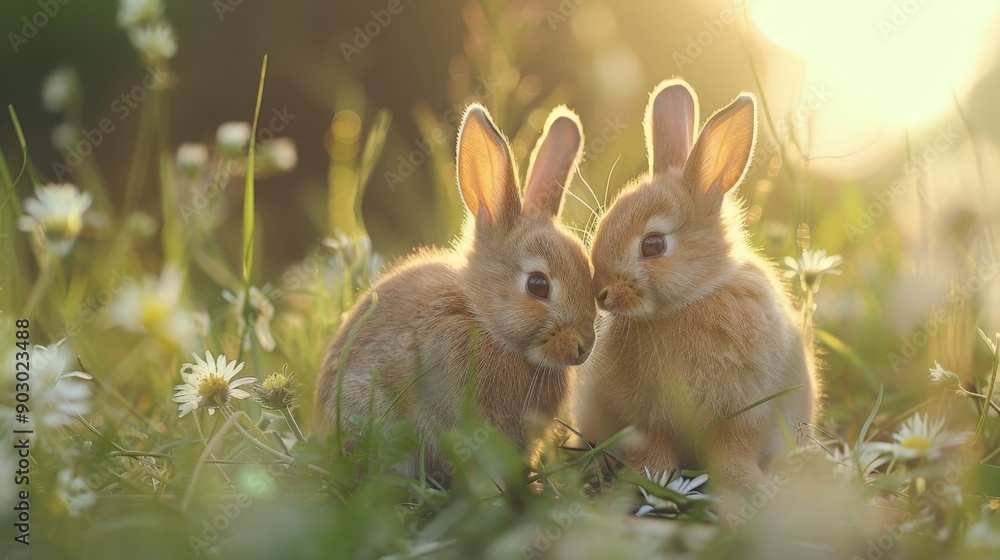 A pair of baby bunnies playing in the morning sun A pair of baby bunnies playing in the morning sun