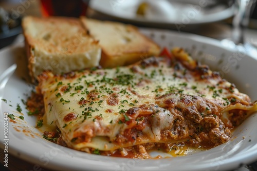 Wallpaper Mural wonderful lasagna dish with a side of garlic bread that is creamy and wonderful in Italy, Generative AI. Torontodigital.ca