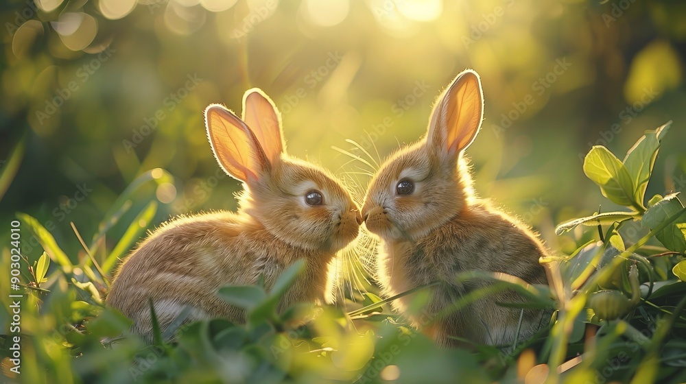 A pair of baby bunnies playing in the morning sun A pair of baby bunnies playing in the morning sun