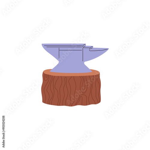Vector graphics depicting a blacksmithing tool a steel anvil stands on a wooden stump
