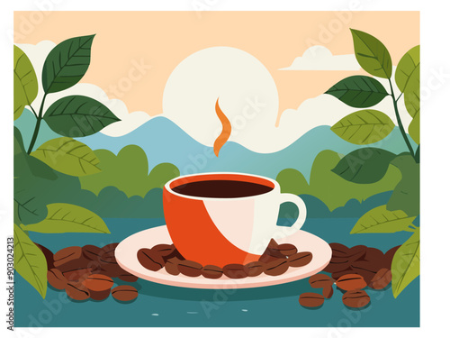 Taza de café, con granos de café tostado alrededor y las montañas de fondo