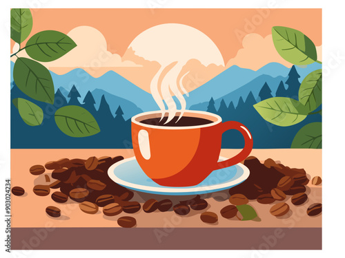 Taza de café, con granos de café tostado alrededor y las montañas de fondo