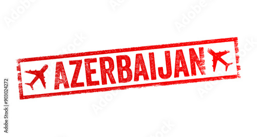Azerbaijan - is a transcontinental country located at the boundary of Eastern Europe and West Asia, text emblem stamp with airplane
