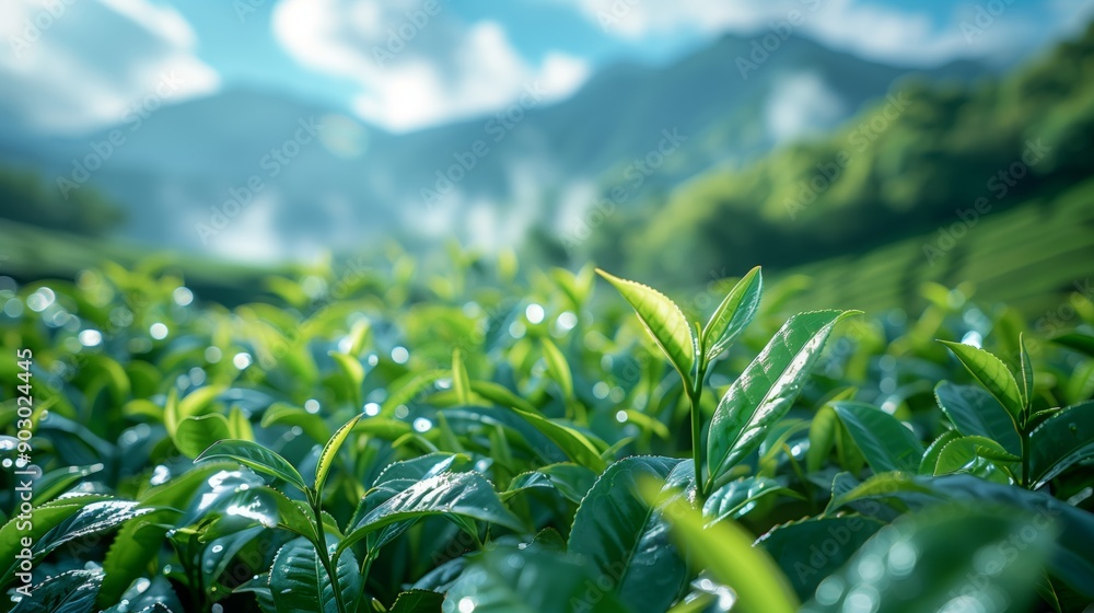 Close-up view of lush tea leaves thriving in the harsh environment, showcasing resilience and beauty against a stunning natural backdrop. Close-up view of lush tea leaves thriving in the harsh environment, showcasing resilience and beauty against a stunning natural backdrop.
