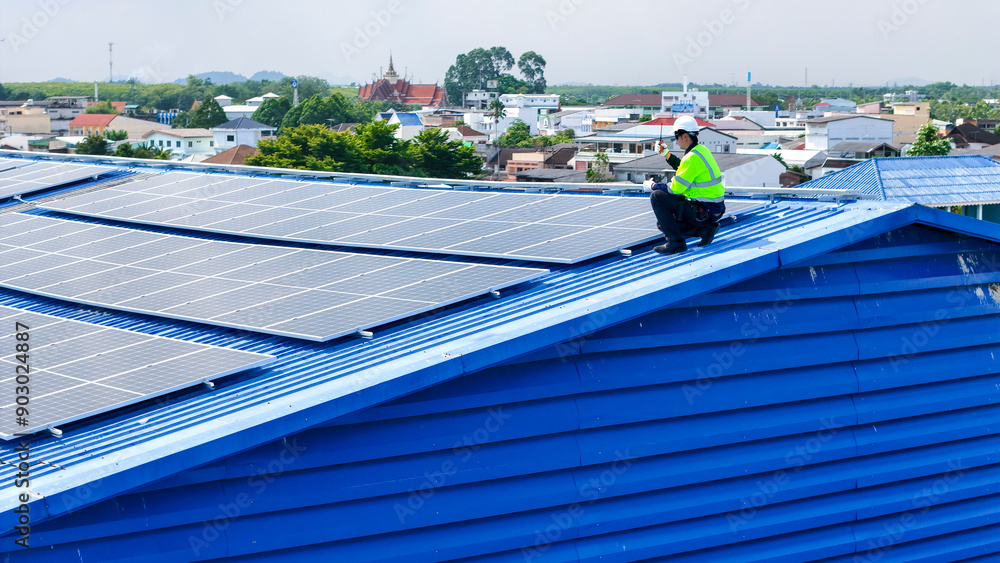 Naklejka premium engineer man inspects construction of solar cell panel or photovoltaic cell by electronic device. Industrial Renewable energy of green power. factory worker working on tower roof.
