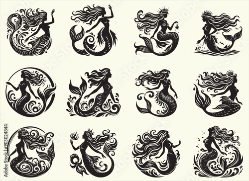 Mythological mermaid Silhouette Vector Illustration